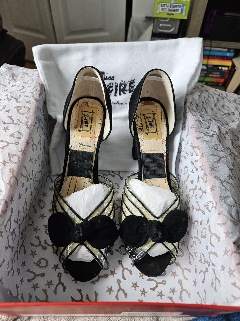 Miss L-Fire Vintage Inspired Black and Cream Peep-Toe Heels with Bow Accent